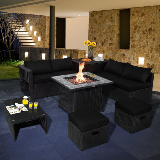 Topbuy 9 Pieces Outdoor PE Rattan Wicker Sectional Sofa with 35-Inch Gas Fire Pit Table Space-Saving Patio Conversation Set with Storage Box Black/Gray/Navy/Red/Turquoise/Off White