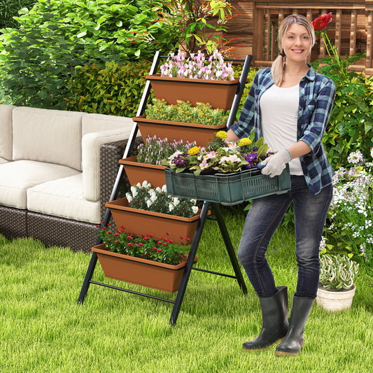 Topbuy 5-Layer Vertical Raised Garden Bed with Wheels Drainage Holes Freestanding Planter with Container Boxes Brown