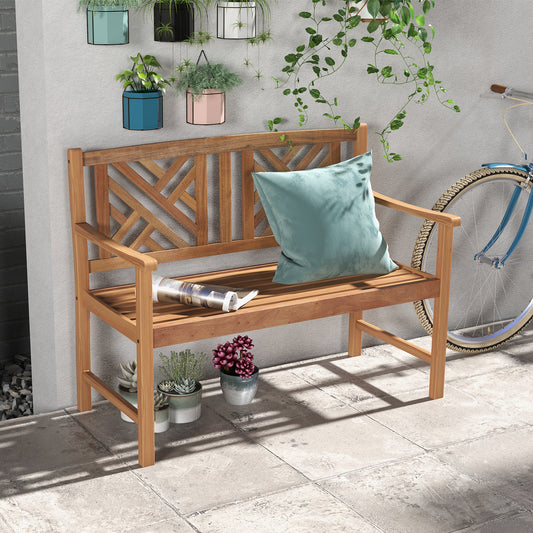 Topbuy 2-Person Acacia Wood Bench Outdoor Slats Loveseat Chair with Armrest 800lbs Load Capacity Comfortable Patio Chair