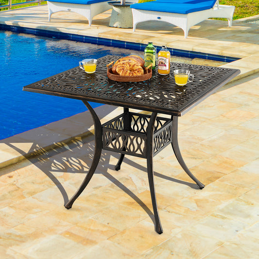 Topbuy 35.4 Inches Outdoor Dining Table All-Weather Cast Aluminum Table with 2.2'' Umbrella Hole 4 Person Square Dining Table