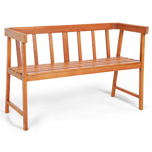 Topbuy 2-Person Outdoor Bench, Patio Wooden Bench with Ergonomic Backrest & Armrests, All-weather Acacia Wood Frame 43'' x 18''
