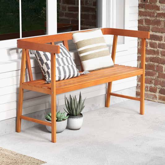 Topbuy 2-Person Outdoor Bench, Patio Wooden Bench with Ergonomic Backrest & Armrests, All-weather Acacia Wood Frame 43'' x 18''
