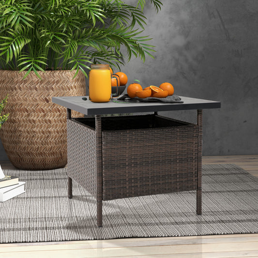 Topbuy Outdoor Wicker Table Rattan Coffee Table w/ Umbrella Insert Hole PE Tabletop & Sturdy Metal Frame