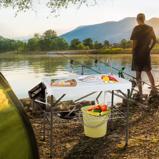 Topbuy Folding Fish Cleaning Table Fish Fillet Station w/ 360?? Rotatable Faucet & Sink & Spray Nozzle & Drain Pipe Outdoor Camping Table
