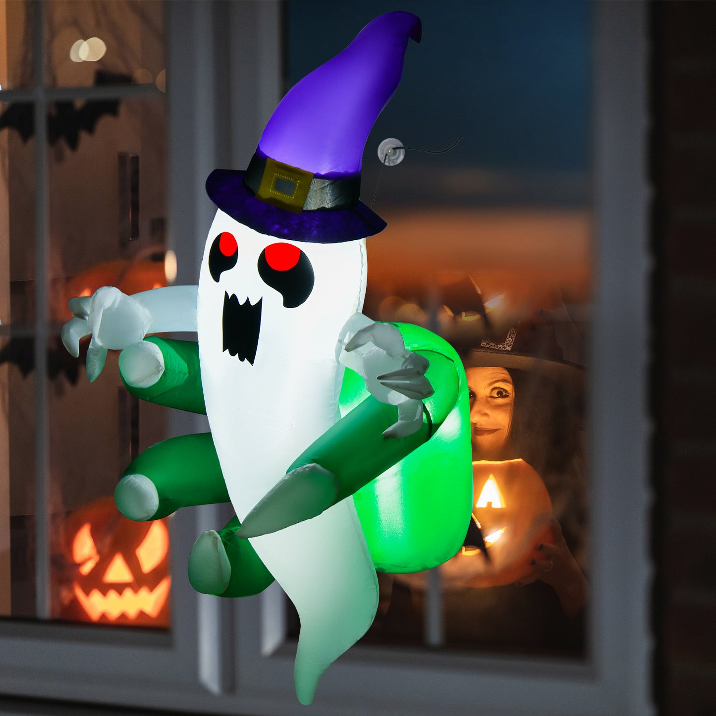 Topbuy Inflatable Ghost Broke Out from Window Blow Up Decorations with Built-in LED Lights 3 Suction Cups Halloween Inflatable Prop
