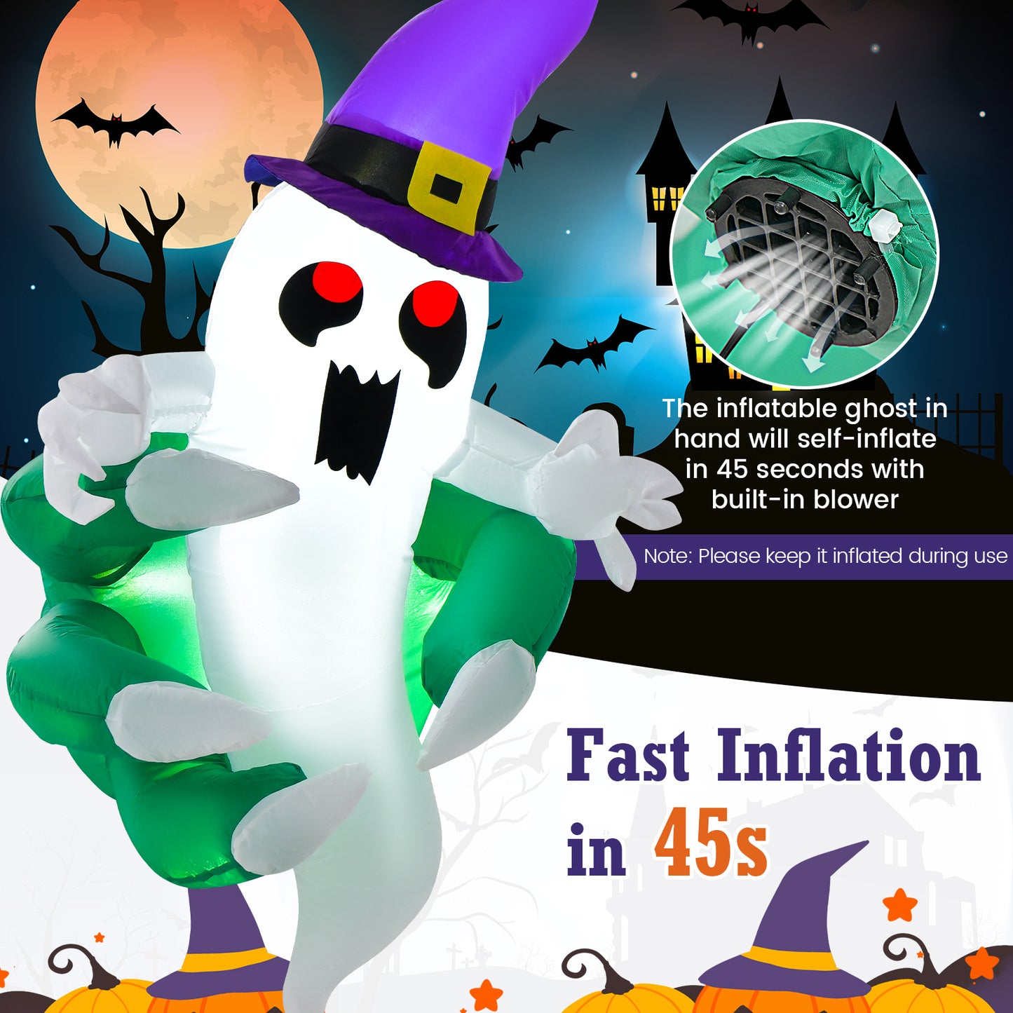 Topbuy Inflatable Ghost Broke Out from Window Blow Up Decorations with Built-in LED Lights 3 Suction Cups Halloween Inflatable Prop
