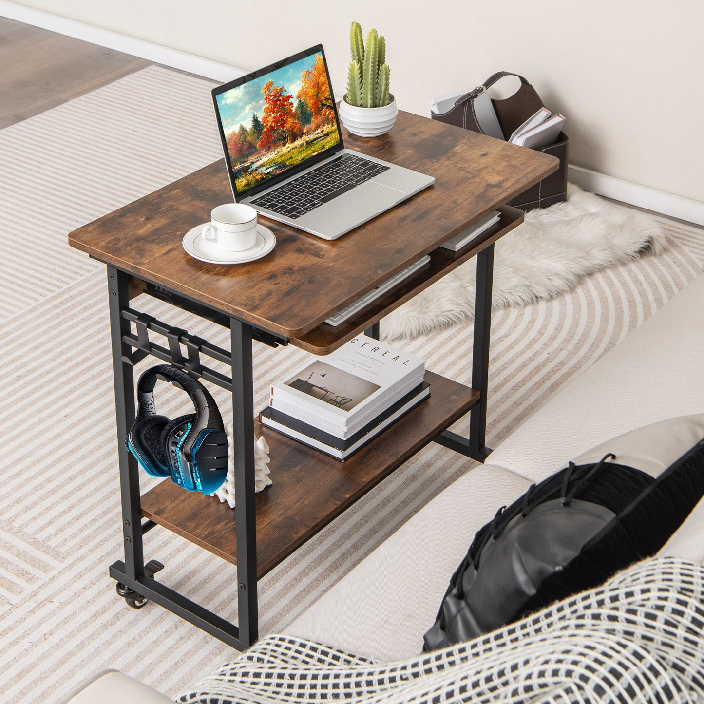 Topbuy Home Office Computer Desk Cart Mobile Laptop Desk with Pull-out Keyboard Tray 3 Hooks & Bottom Storage Shelf