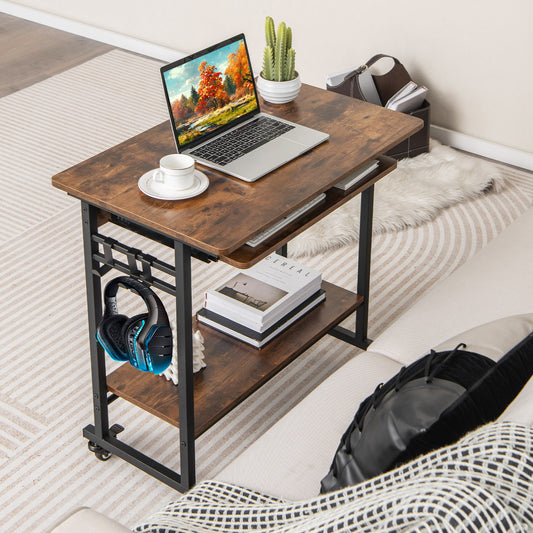 Topbuy Home Office Computer Desk Cart Mobile Laptop Desk with Pull-out Keyboard Tray 3 Hooks & Bottom Storage Shelf