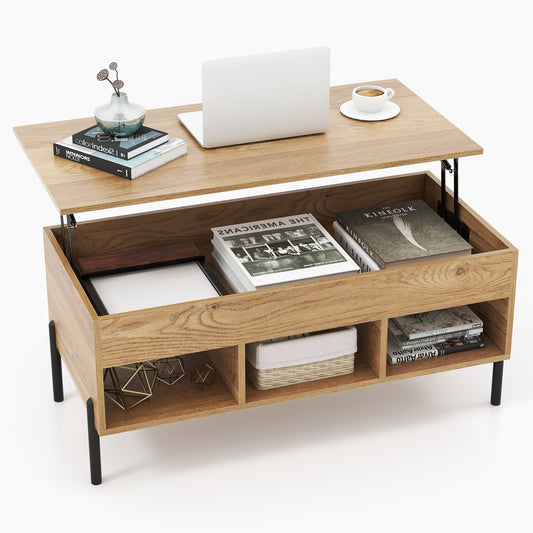 Topbuy Lift Top Coffee Table with Metal Legs Rising Center Table with Hidden Compartment & 3 Open Cubbies Multifunctional Dining Working Table