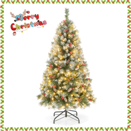 Topbuy 5ft/6.5ft/7.5ft/9ft Pre-lit Artificial Christmas Tree Pre-decorated Hinged Xmas Tree 8 Light Modes