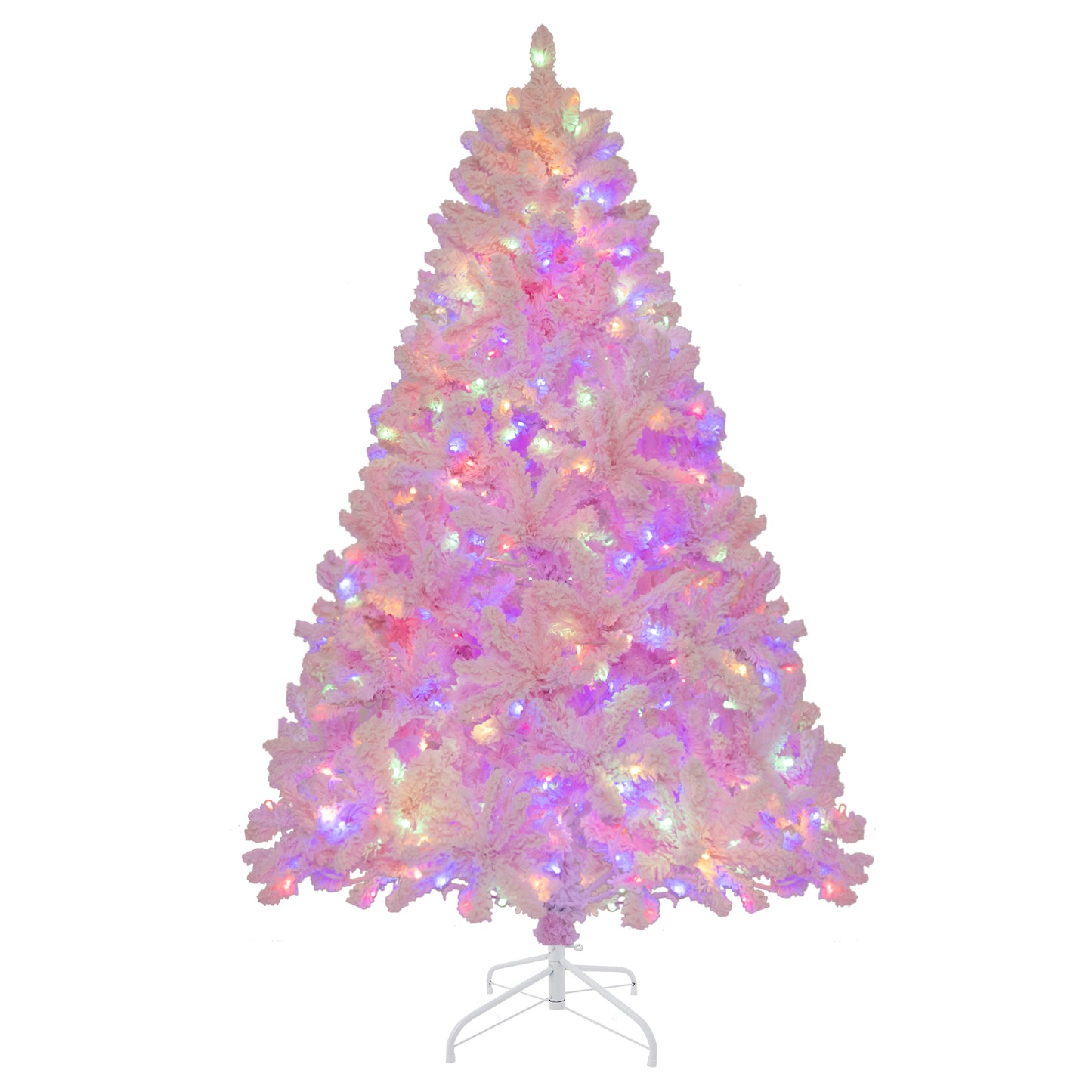 Topbuy 6/7FT Pink Artificial Christmas Tree Pre-lit Hinged Snow Flocked Xmas Tree with 808/1200 Branch Tips 8 Lighting Modes