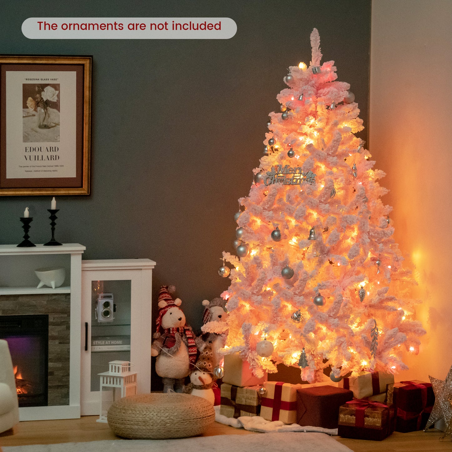 Topbuy 6/7FT Pink Artificial Christmas Tree Pre-lit Hinged Snow Flocked Xmas Tree with 808/1200 Branch Tips 8 Lighting Modes