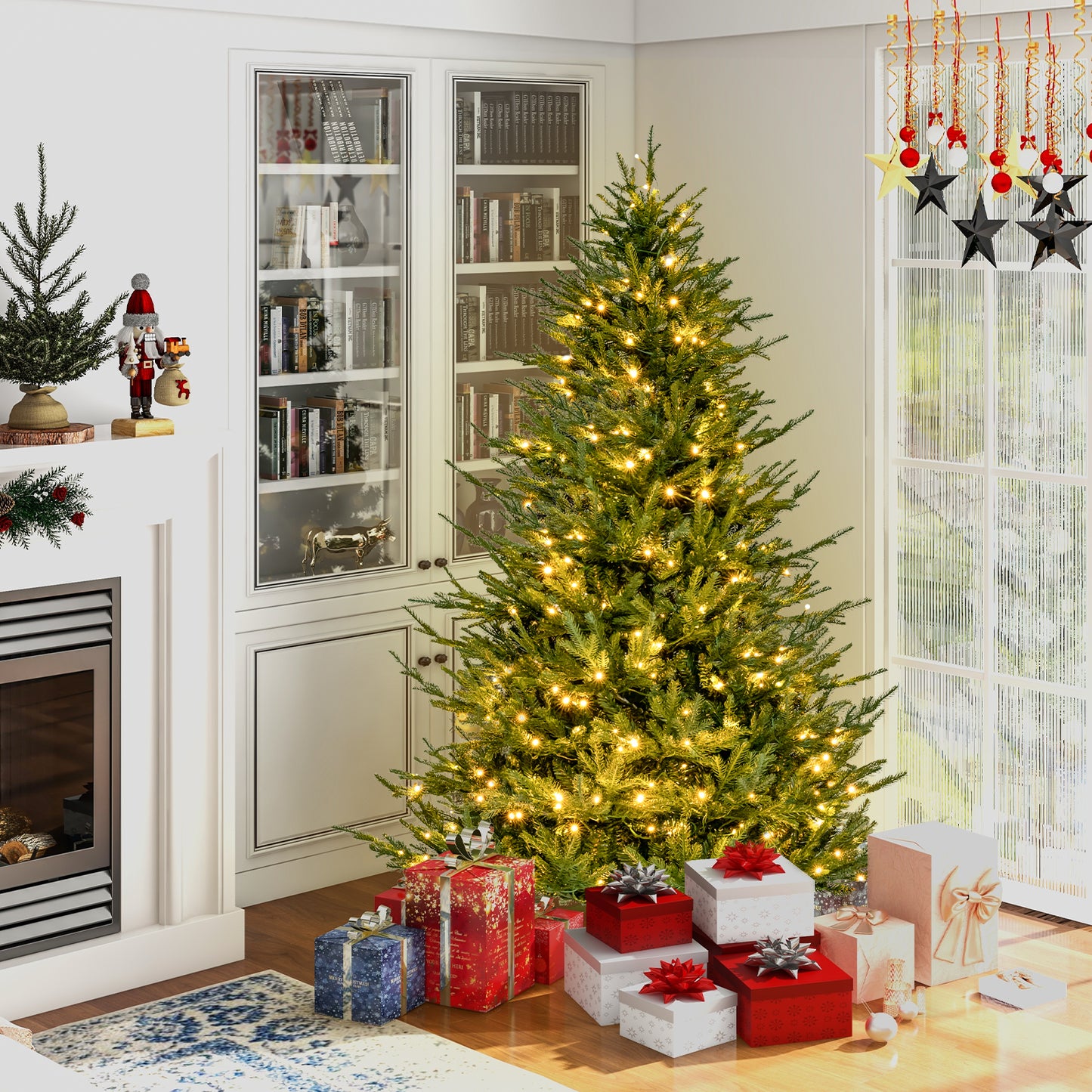 Topbuy 6/7FT Artificial Christmas Tree Pre-lit Xmas Tree with 280/380 Warm White LED Lights 8 Lighting Modes
