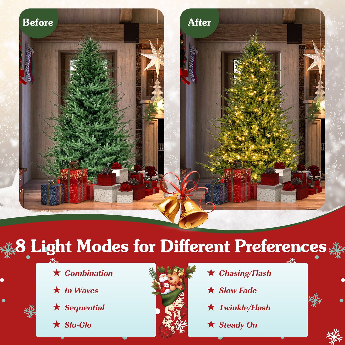 Topbuy 6/7FT Artificial Christmas Tree Pre-lit Xmas Tree with 280/380 Warm White LED Lights 8 Lighting Modes