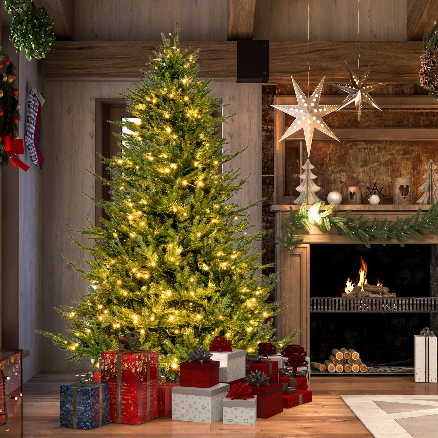 Topbuy 6/7FT Artificial Christmas Tree Pre-lit Xmas Tree with 280/380 Warm White LED Lights 8 Lighting Modes