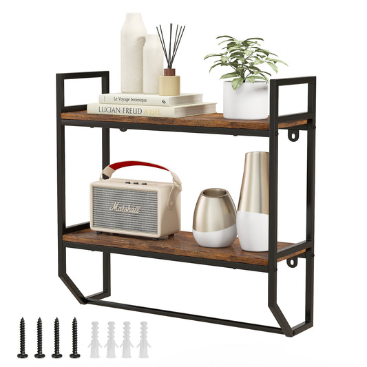 Topbuy 2-Tier Floating Shelving Wall-Mounted Shelf with Hanging Rod Expansion Screws & Metal Frame