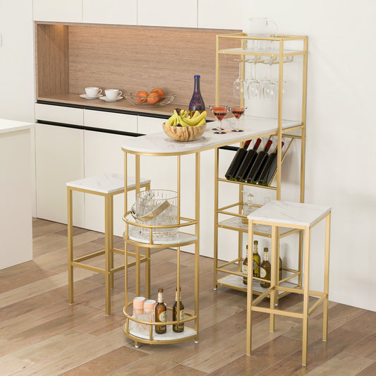Topbuy 3-Piece Dining Table Set Pub Table & Stools Set with Storage Shelves & Glasses Holder & Wine Rack Kitchen Dining Table Set