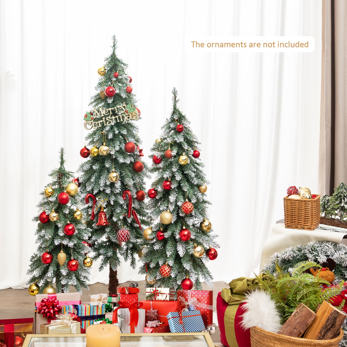 Topbuy 3/4/5FT Set of 3 Artificial Christmas Tree Pre-lit Pencil Christmas Tree with 129/231/369 Snowy Branch Tips