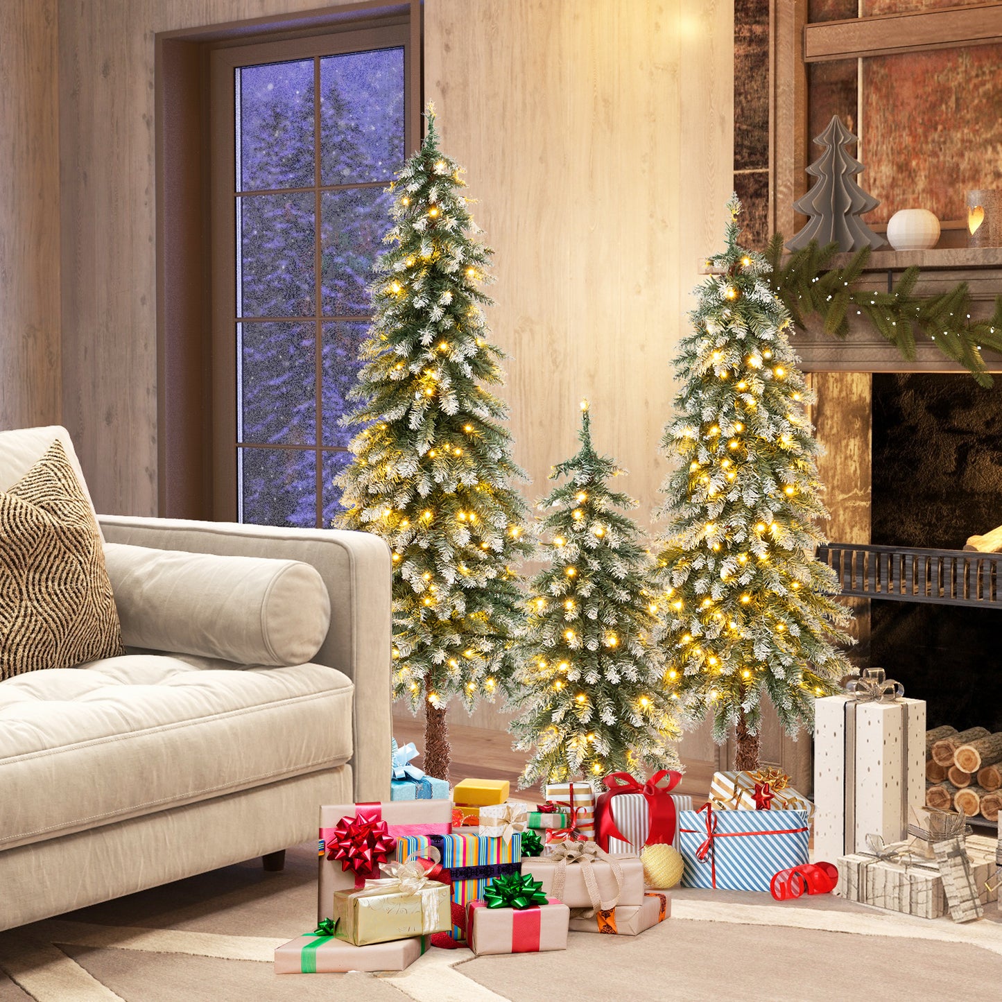 Topbuy 3/4/5FT Set of 3 Artificial Christmas Tree Pre-lit Pencil Christmas Tree with 129/231/369 Snowy Branch Tips