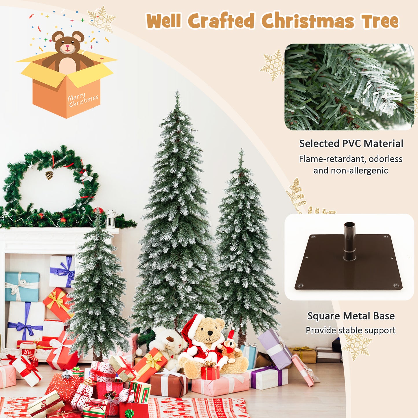 Topbuy 3/4/5FT Set of 3 Artificial Christmas Tree Pre-lit Pencil Christmas Tree with 129/231/369 Snowy Branch Tips
