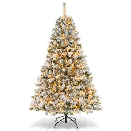 Topbuy 6/7/8 FT Pre-lit Artificial Christmas Tree Hinged Snow-flocked Xmas Tree with 300/450/600 Warm White LED Lights