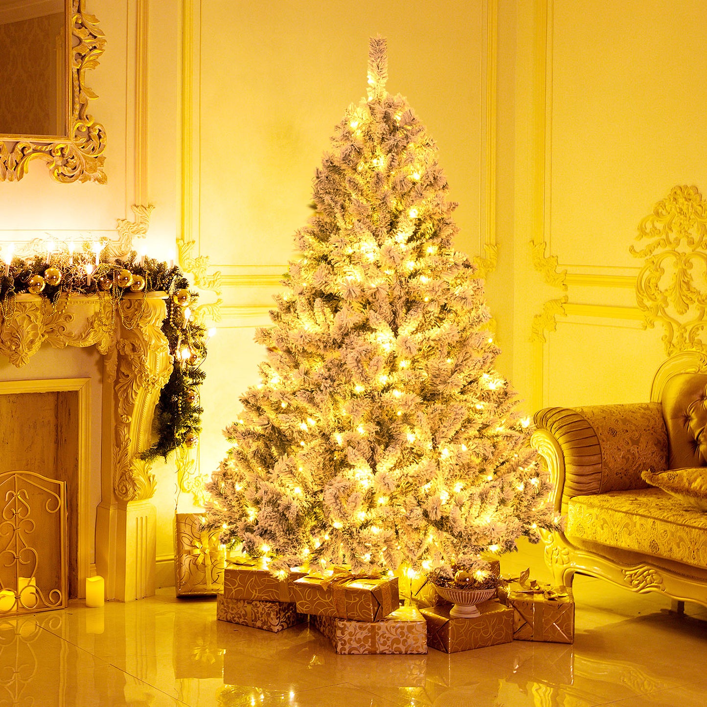 Topbuy 6/7/8 FT Pre-lit Artificial Christmas Tree Hinged Snow-flocked Xmas Tree with 300/450/600 Warm White LED Lights