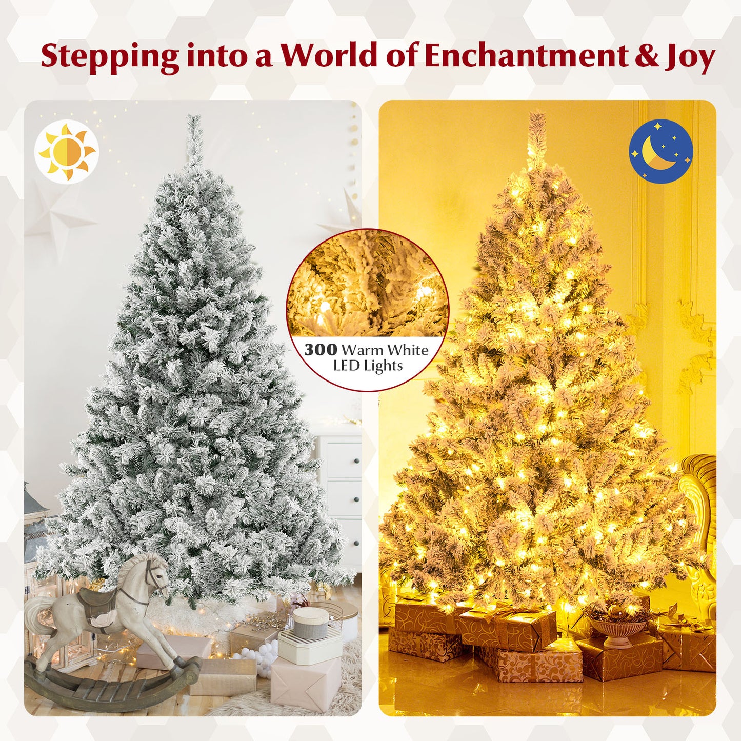 Topbuy 6/7/8 FT Pre-lit Artificial Christmas Tree Hinged Snow-flocked Xmas Tree with 300/450/600 Warm White LED Lights
