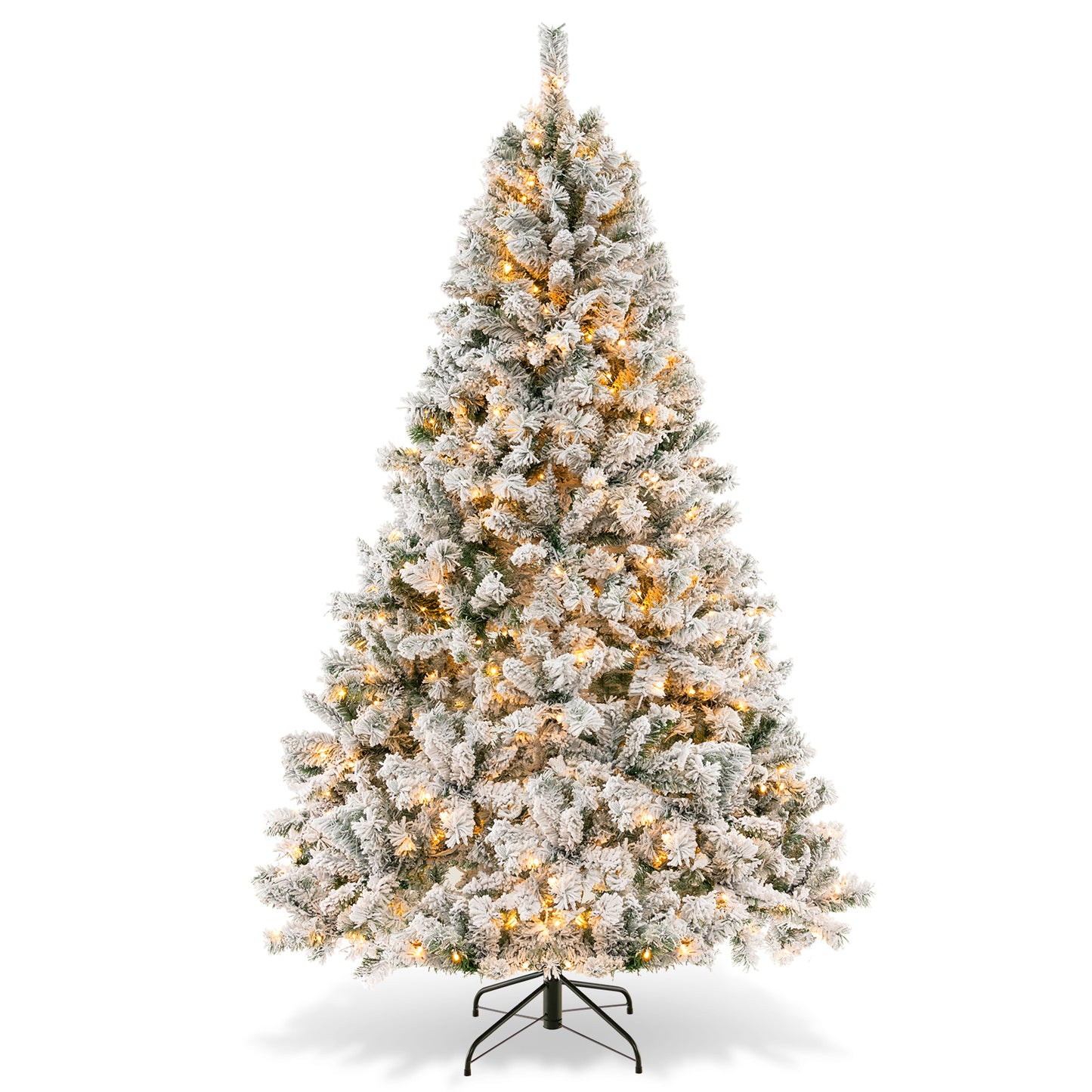 Topbuy 6/7/8 FT Pre-lit Artificial Christmas Tree Hinged Snow-flocked Xmas Tree with 300/450/600 Warm White LED Lights