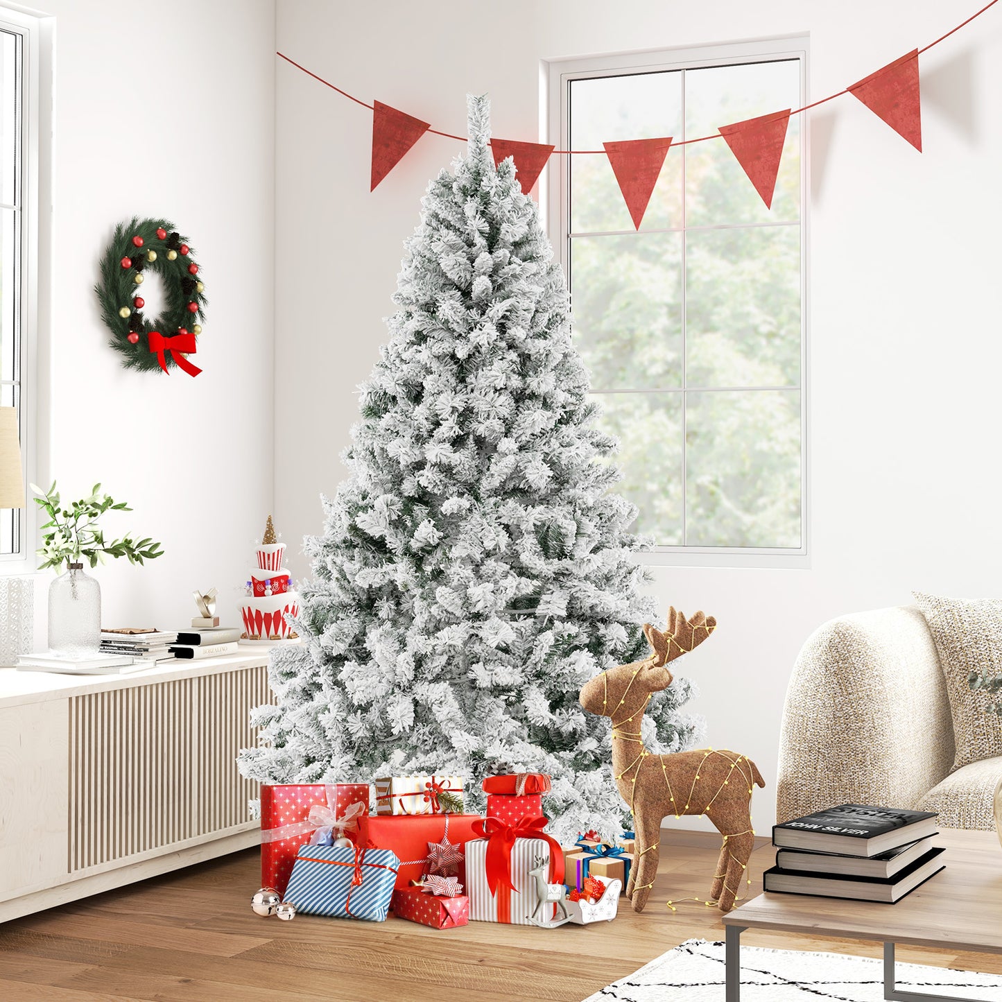 Topbuy 6/7/8 FT Pre-lit Artificial Christmas Tree Hinged Snow-flocked Xmas Tree with 300/450/600 Warm White LED Lights