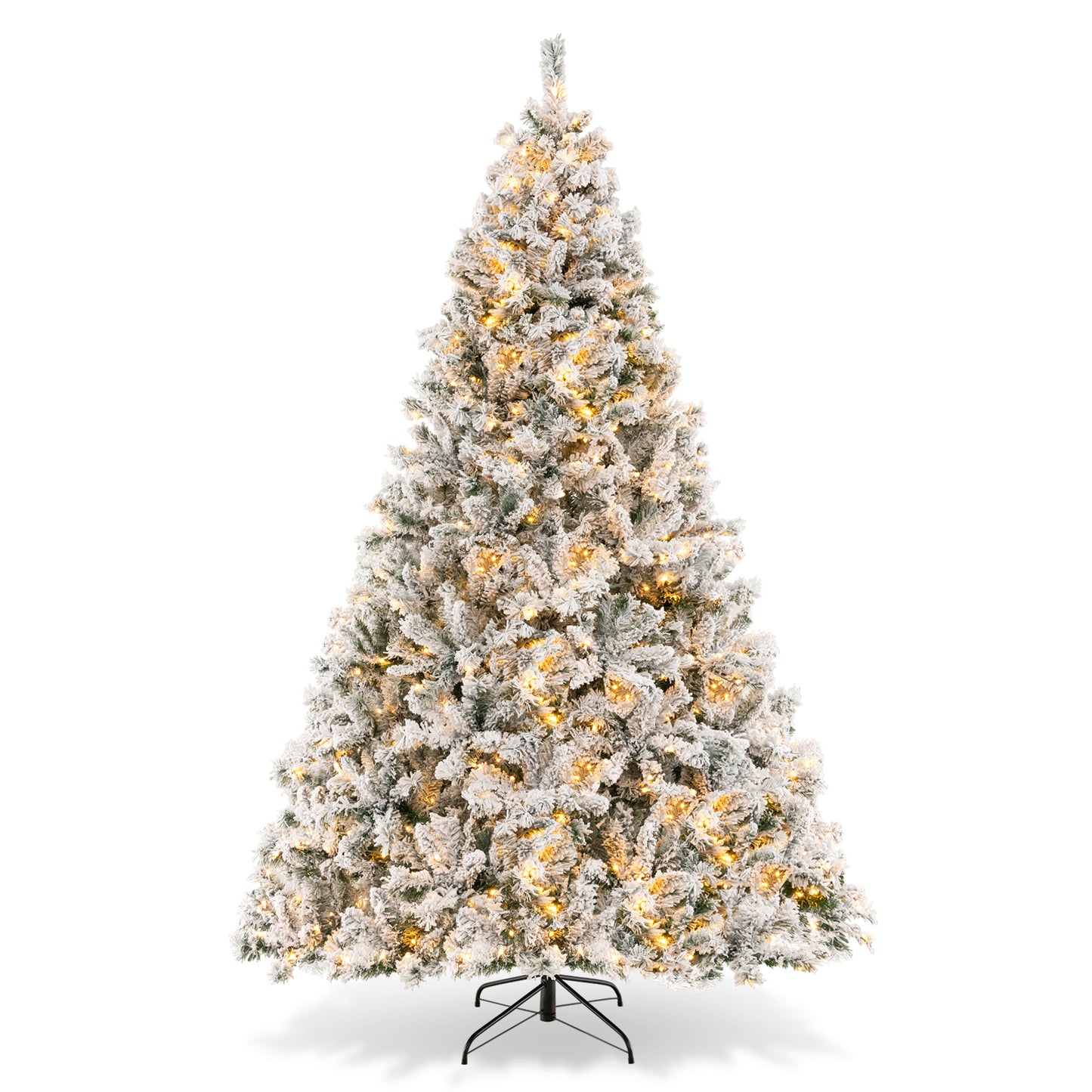 Topbuy 6/7/8 FT Pre-lit Artificial Christmas Tree Hinged Snow-flocked Xmas Tree with 300/450/600 Warm White LED Lights