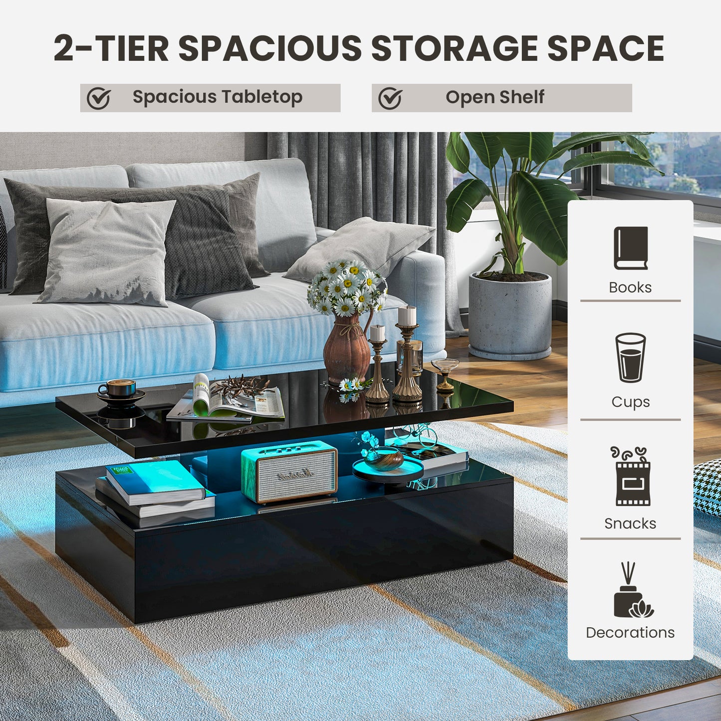 Topbuy LED Coffee Table Modern High Gloss Coffee Table w/ 20-Color LED Lights Adjustable Speed Brightness & Remote Control White/Black