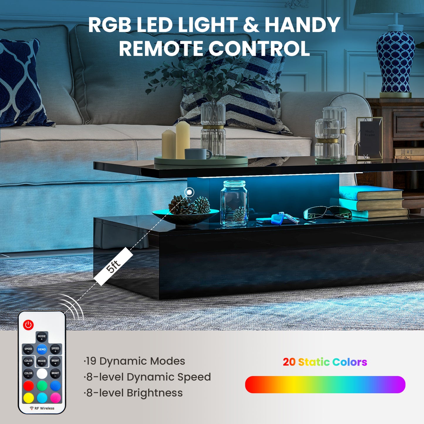 Topbuy LED Coffee Table Modern High Gloss Coffee Table w/ 20-Color LED Lights Adjustable Speed Brightness & Remote Control White/Black