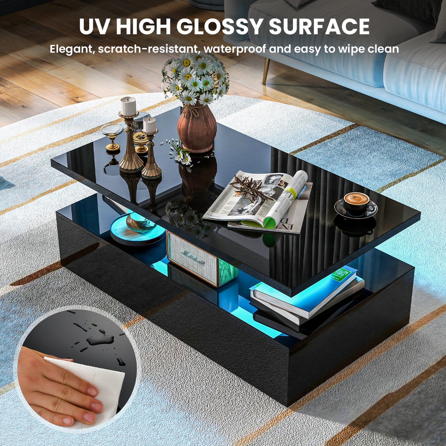 Topbuy LED Coffee Table Modern High Gloss Coffee Table w/ 20-Color LED Lights Adjustable Speed Brightness & Remote Control White/Black