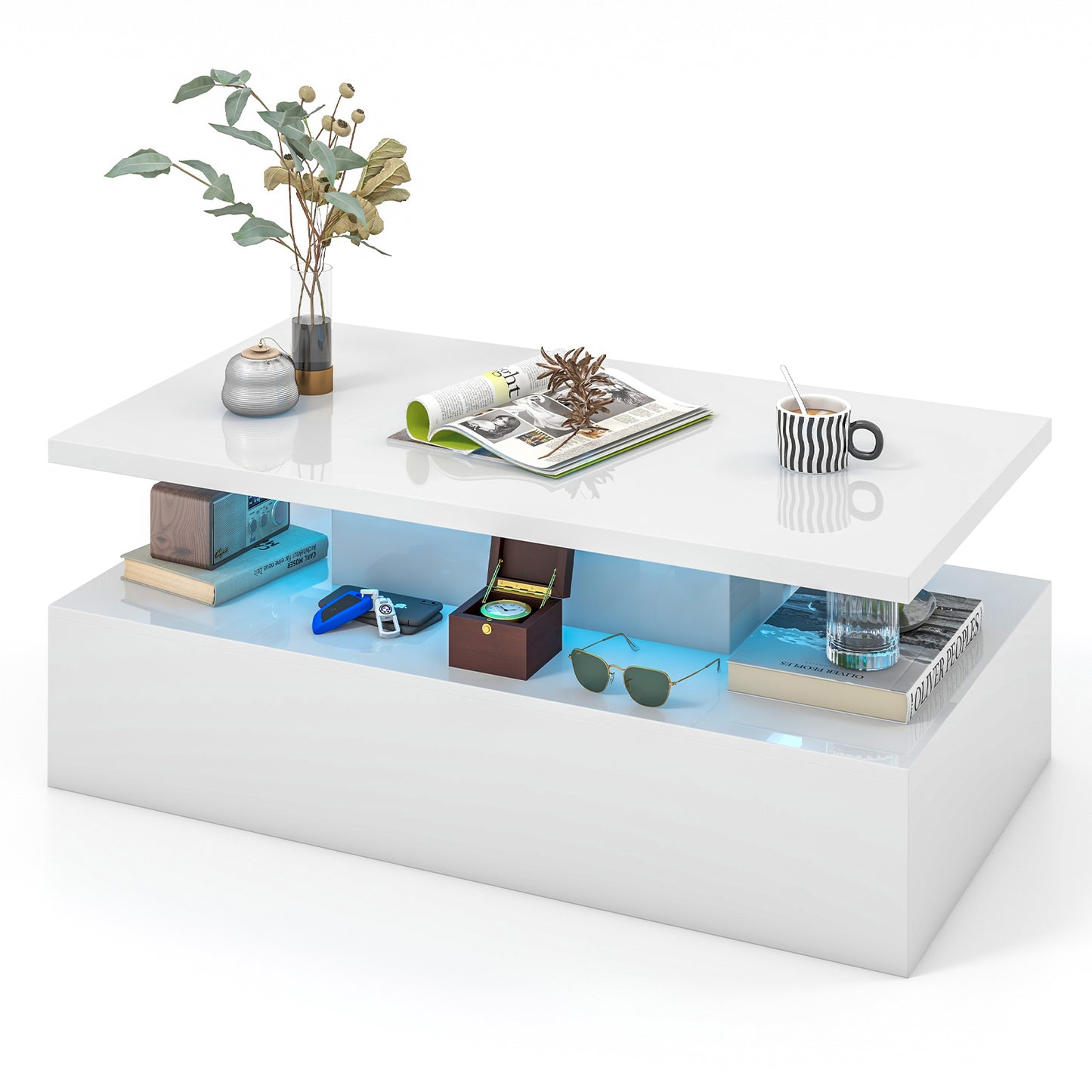 Topbuy LED Coffee Table Modern High Gloss Coffee Table w/ 20-Color LED Lights Adjustable Speed Brightness & Remote Control White/Black