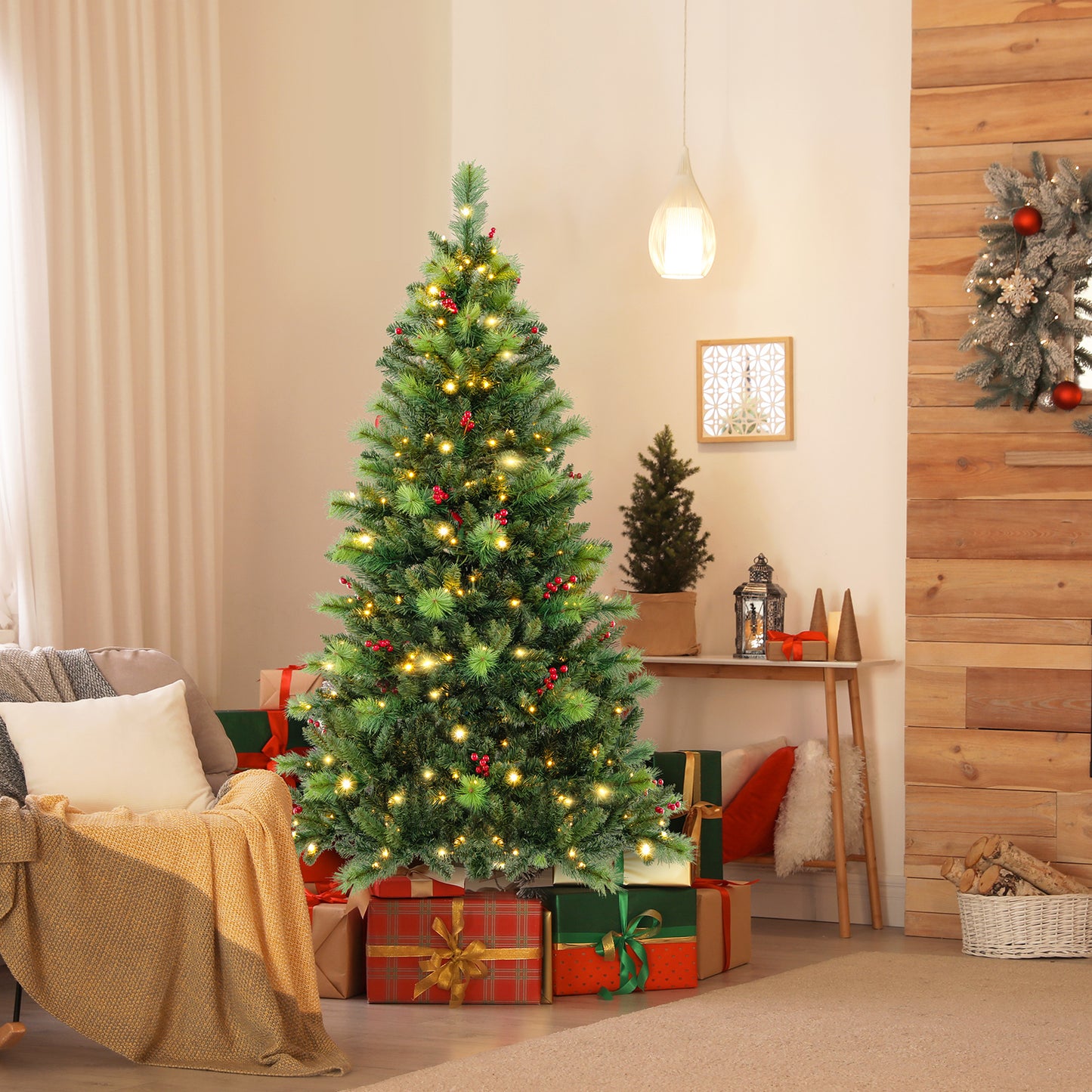 Topbuy 6/7/8 FT Artificial Christmas Tree Pre-lit Xmas Tree with 300/400/500 Multi-Color & Warm-White LED Lights