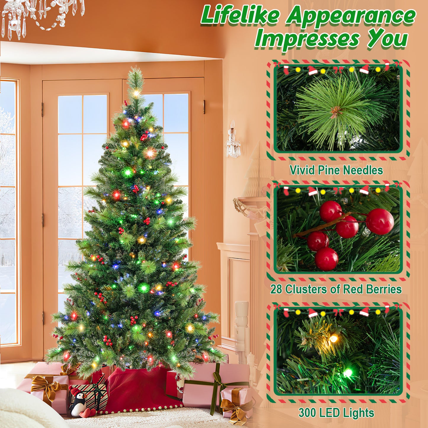 Topbuy 6/7/8 FT Artificial Christmas Tree Pre-lit Xmas Tree with 300/400/500 Multi-Color & Warm-White LED Lights