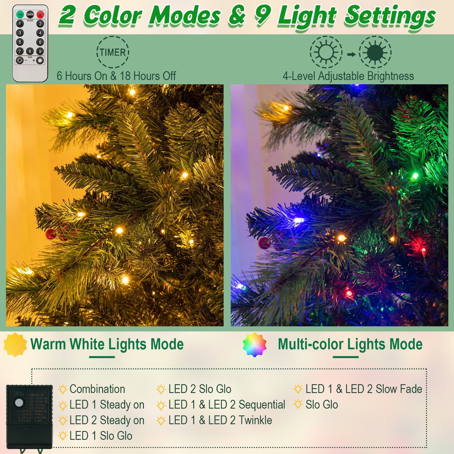 Topbuy 6/7/8 FT Artificial Christmas Tree Pre-lit Xmas Tree with 300/400/500 Multi-Color & Warm-White LED Lights