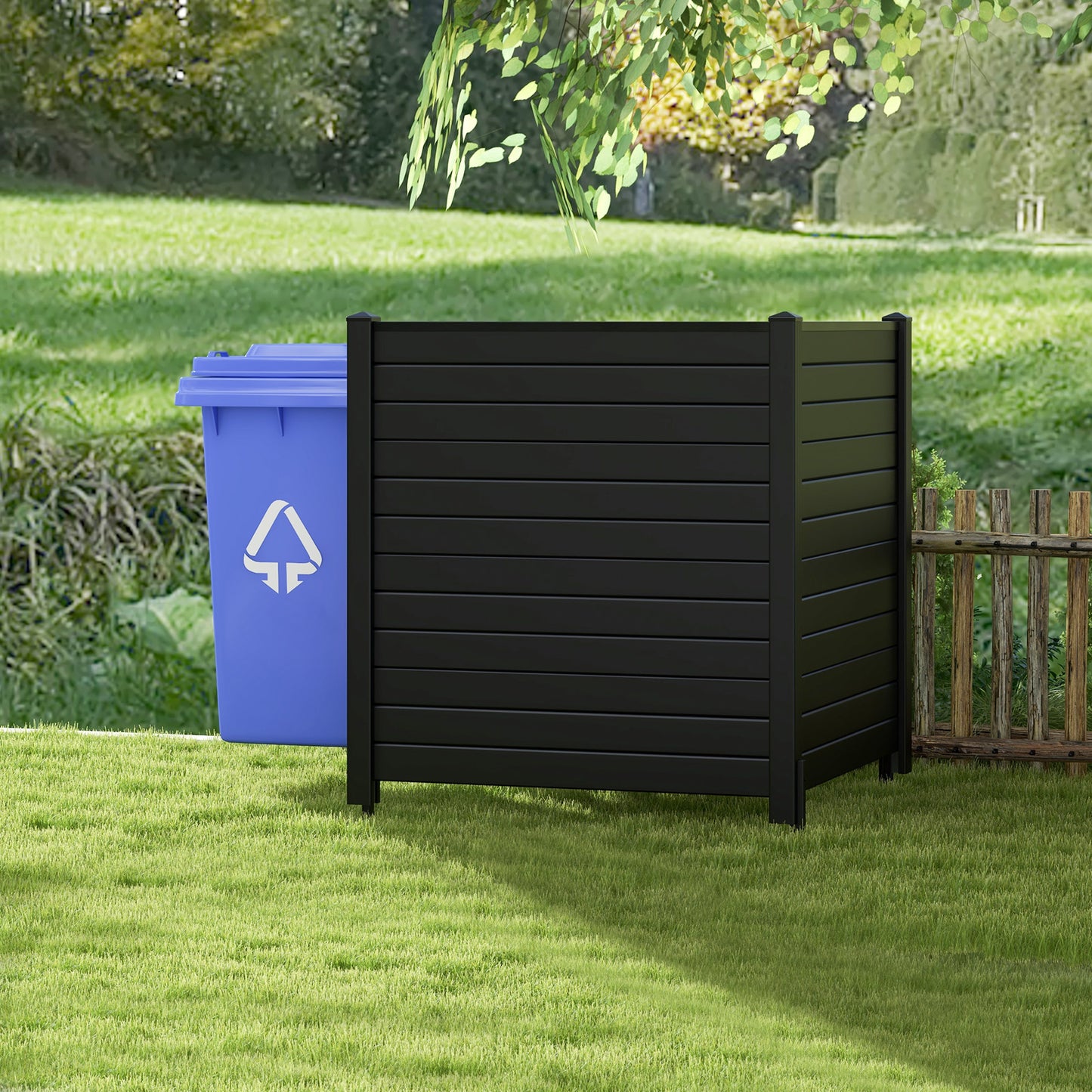 Topbuy 1PC/2PCS Outdoor Privacy Fence Panel 2 Picket PVC Decorative Fence w/3 Cuspidal Stakes Trash Enclosure & Air Conditioner Freestanding Fence for Garden Black