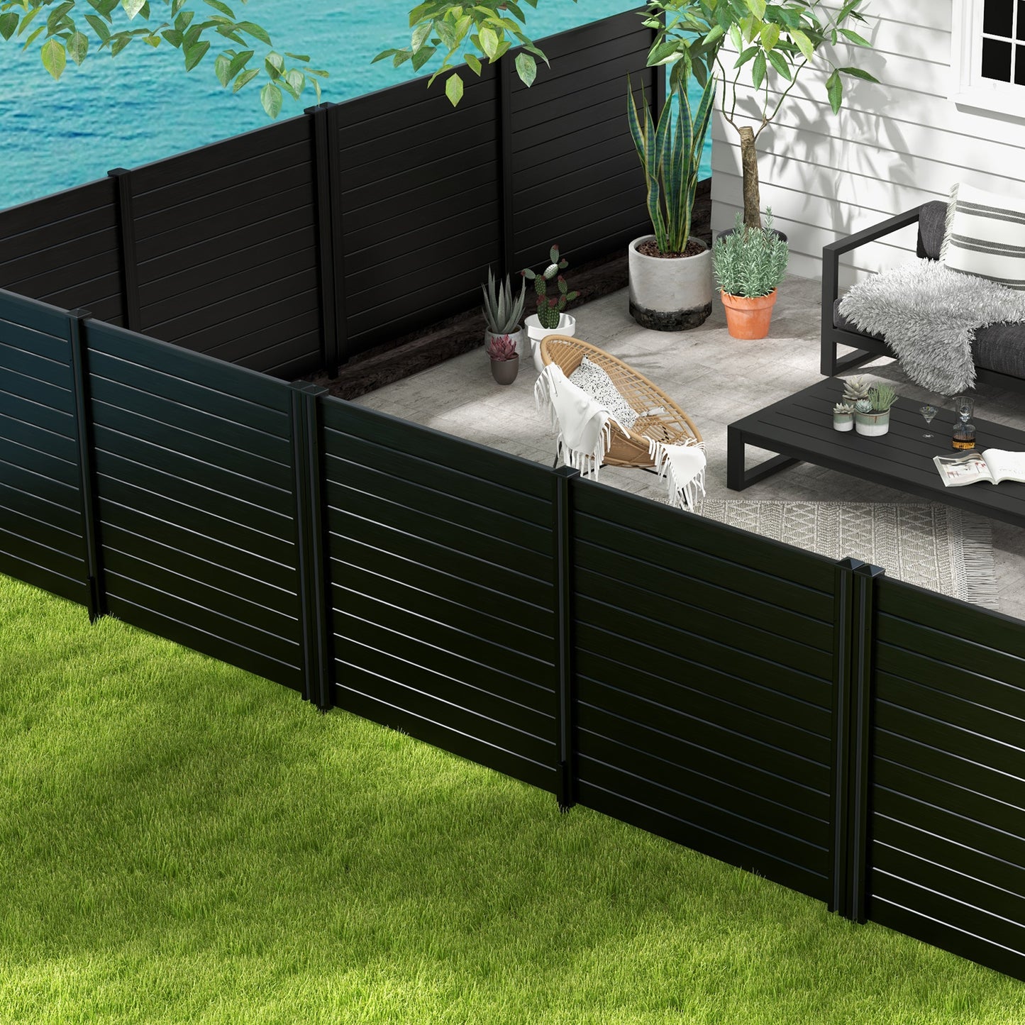 Topbuy 1PC/2PCS Outdoor Privacy Fence Panel 2 Picket PVC Decorative Fence w/3 Cuspidal Stakes Trash Enclosure & Air Conditioner Freestanding Fence for Garden Black
