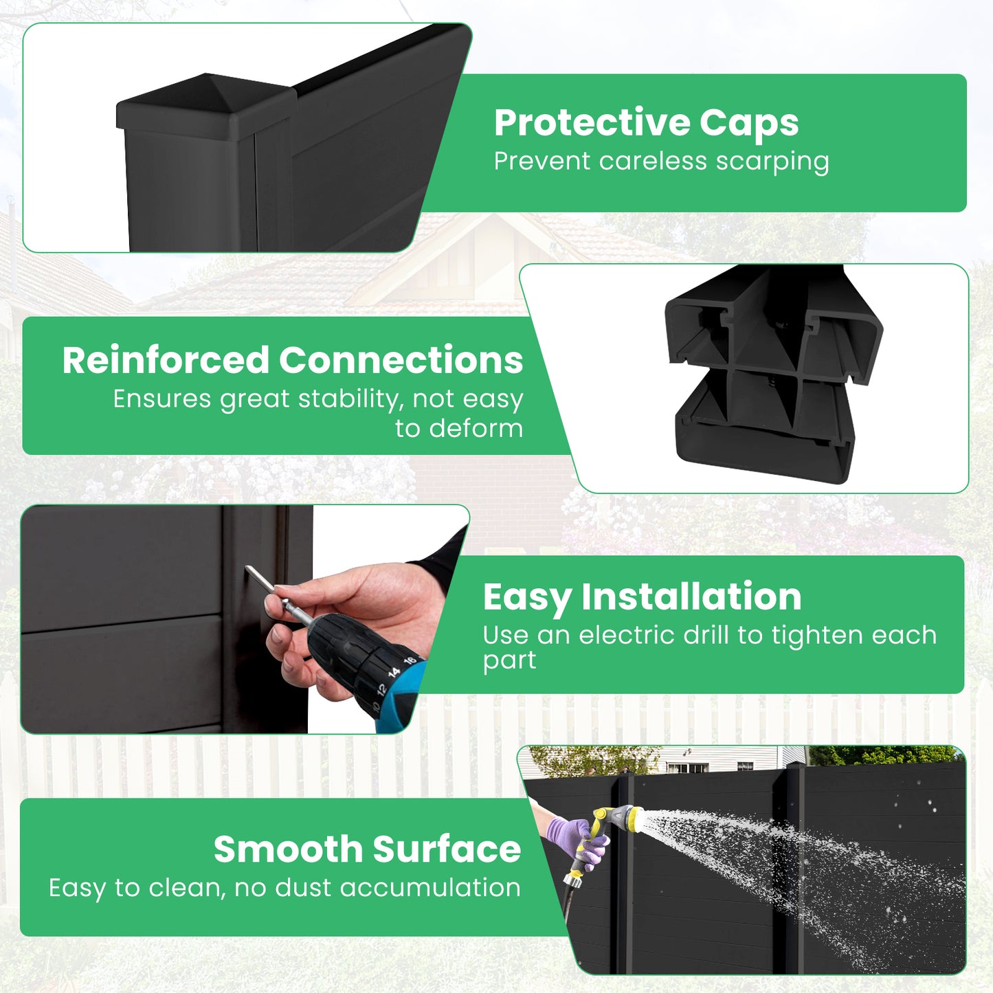 Topbuy 1PC/2PCS Outdoor Privacy Fence Panel 2 Picket PVC Decorative Fence w/3 Cuspidal Stakes Trash Enclosure & Air Conditioner Freestanding Fence for Garden Black