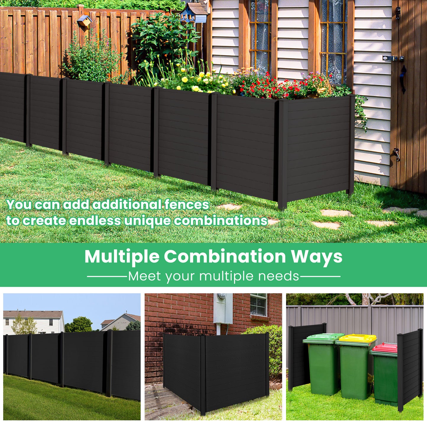 Topbuy 1PC/2PCS Outdoor Privacy Fence Panel 2 Picket PVC Decorative Fence w/3 Cuspidal Stakes Trash Enclosure & Air Conditioner Freestanding Fence for Garden Black