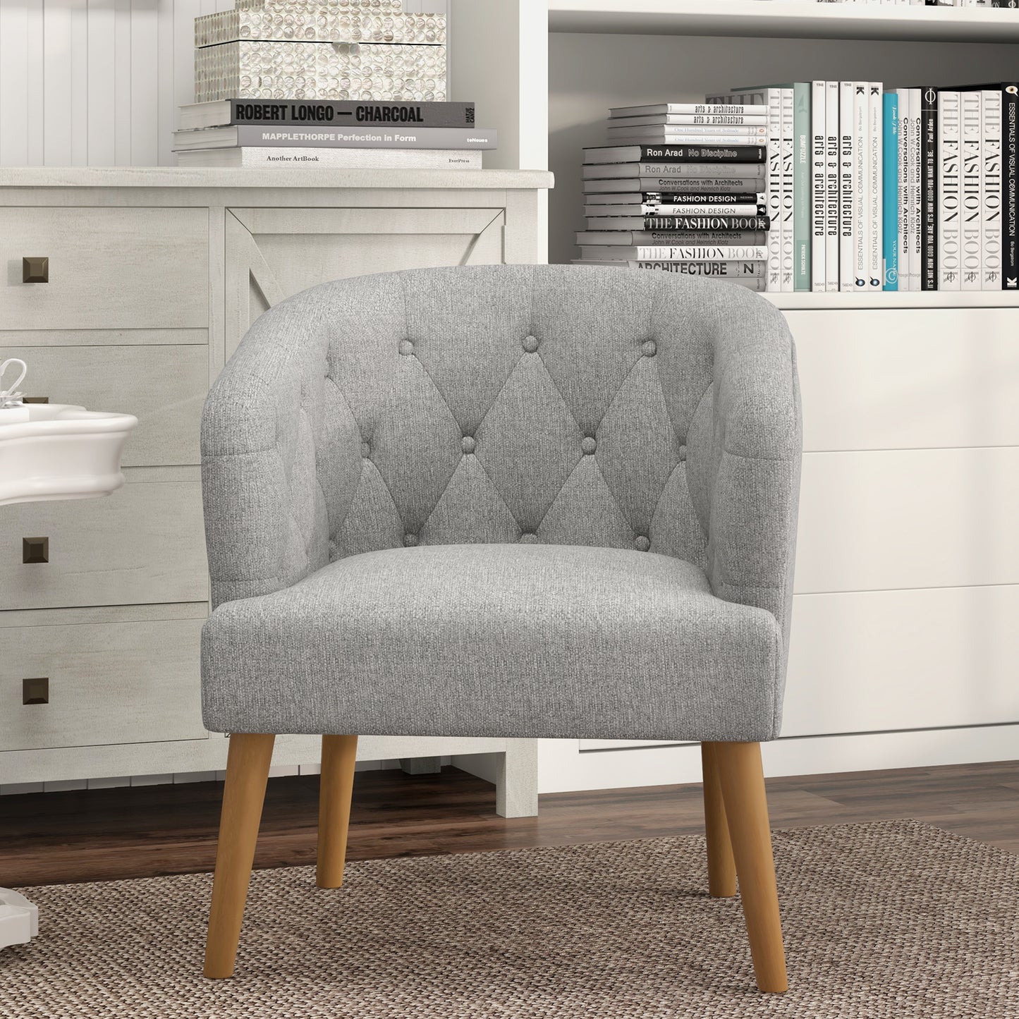 Topbuy 1PC/2PCS Upholstered Tub Chair w/ Solid Rubber Wood Legs Linen-like Fabric & Button Tufted Design Built-in Springs