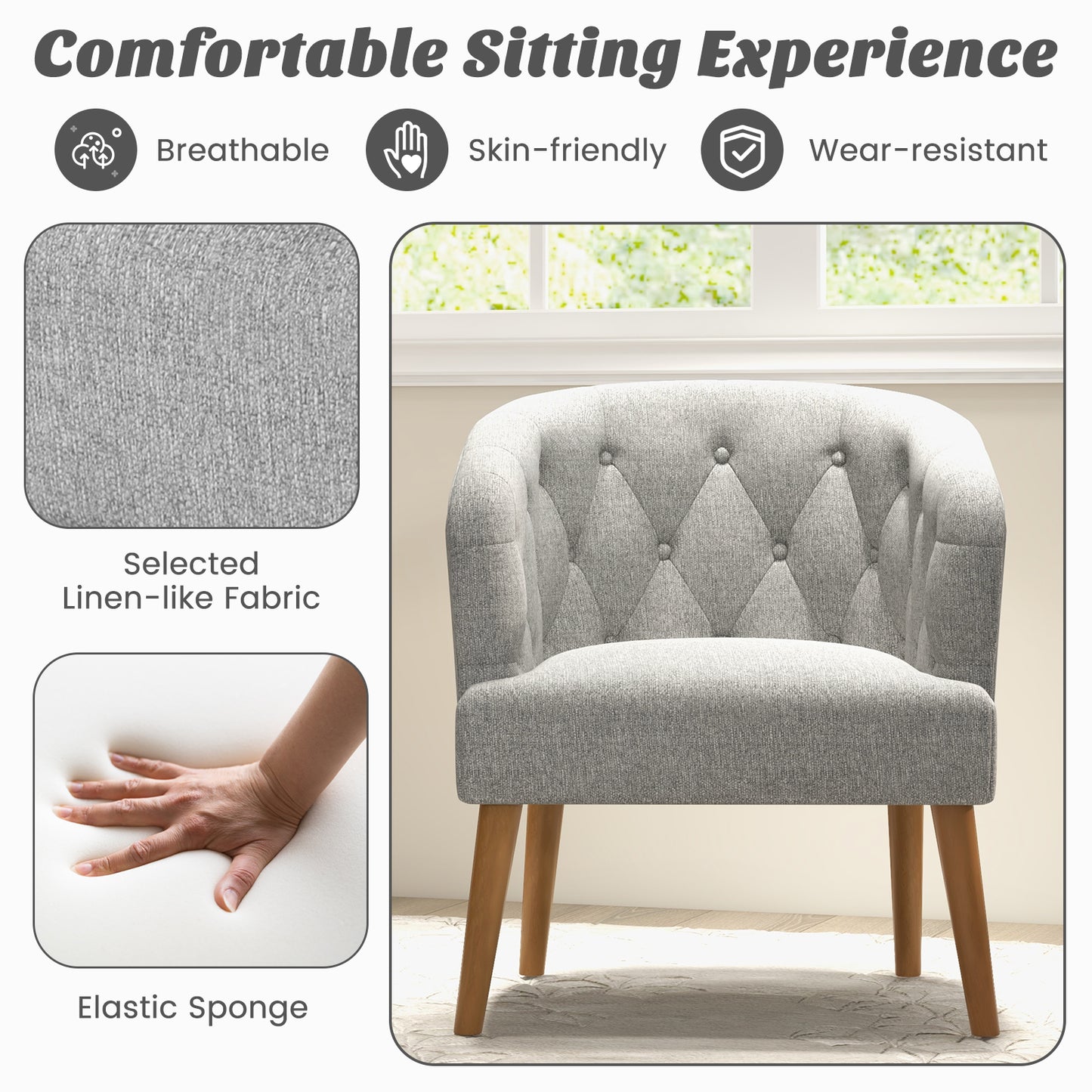 Topbuy 1PC/2PCS Upholstered Tub Chair w/ Solid Rubber Wood Legs Linen-like Fabric & Button Tufted Design Built-in Springs