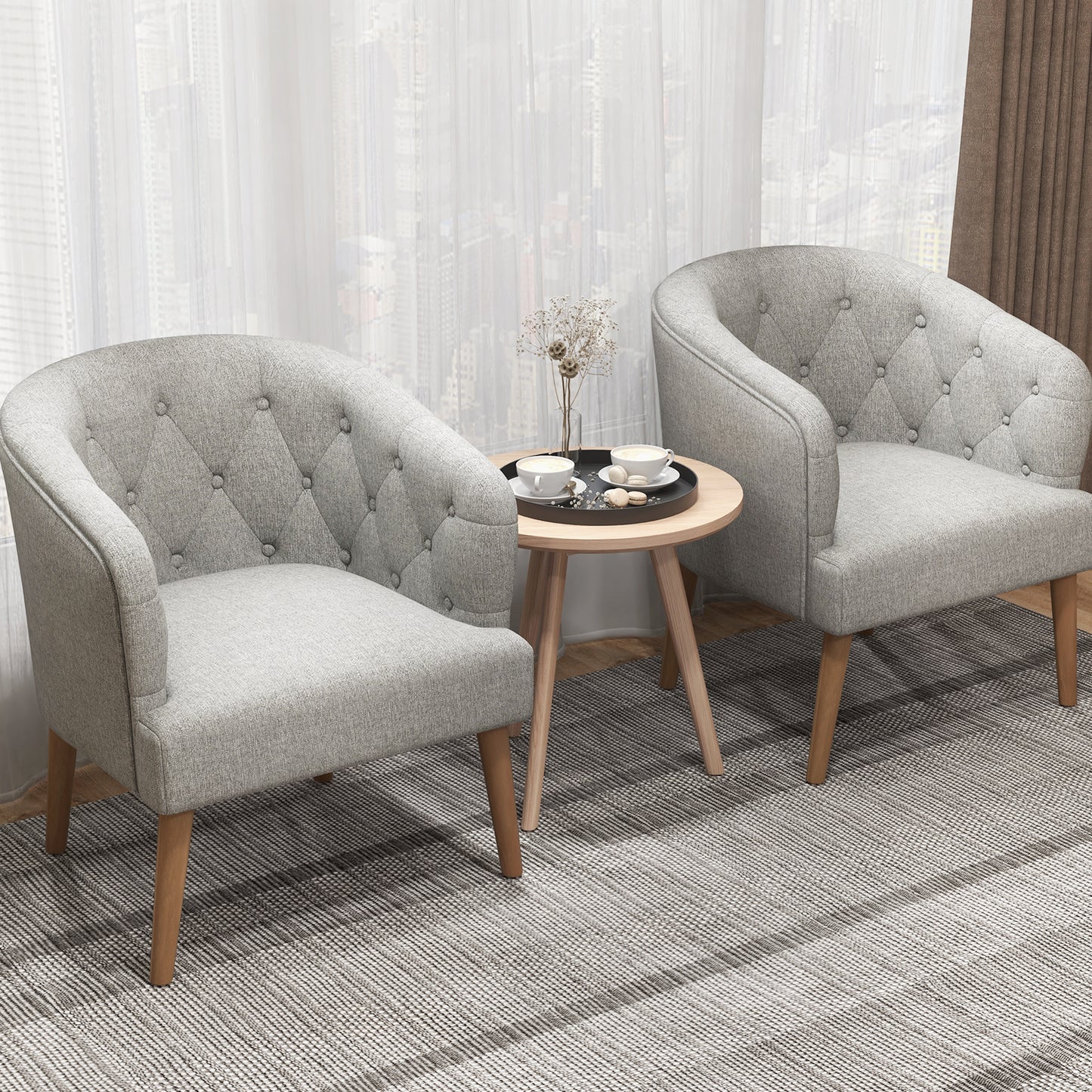 Topbuy 1PC/2PCS Upholstered Tub Chair w/ Solid Rubber Wood Legs Linen-like Fabric & Button Tufted Design Built-in Springs