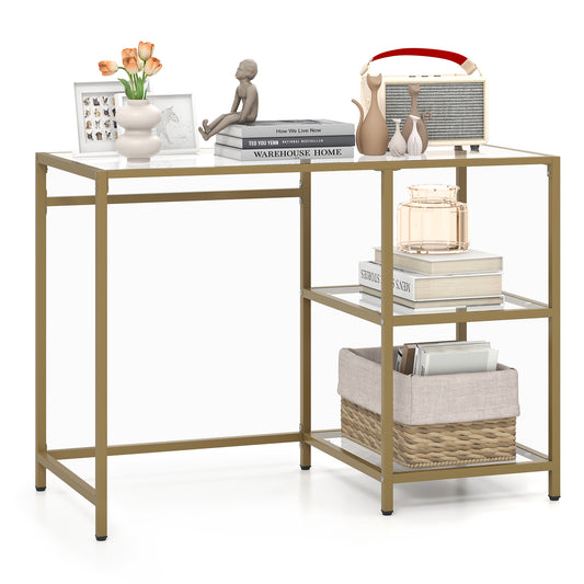 Topbuy 42''  Modern Console Table Tempered Glass Entryway Table with 2 Open Shelves & Metal Frame