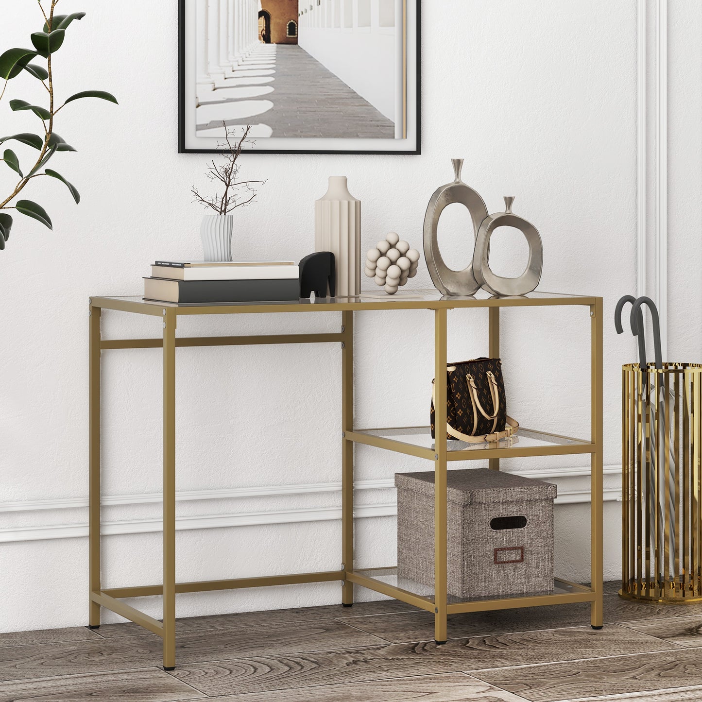Topbuy 42''  Modern Console Table Tempered Glass Entryway Table with 2 Open Shelves & Metal Frame