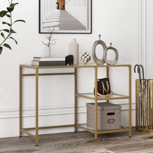 Topbuy 42''  Modern Console Table Tempered Glass Entryway Table with 2 Open Shelves & Metal Frame