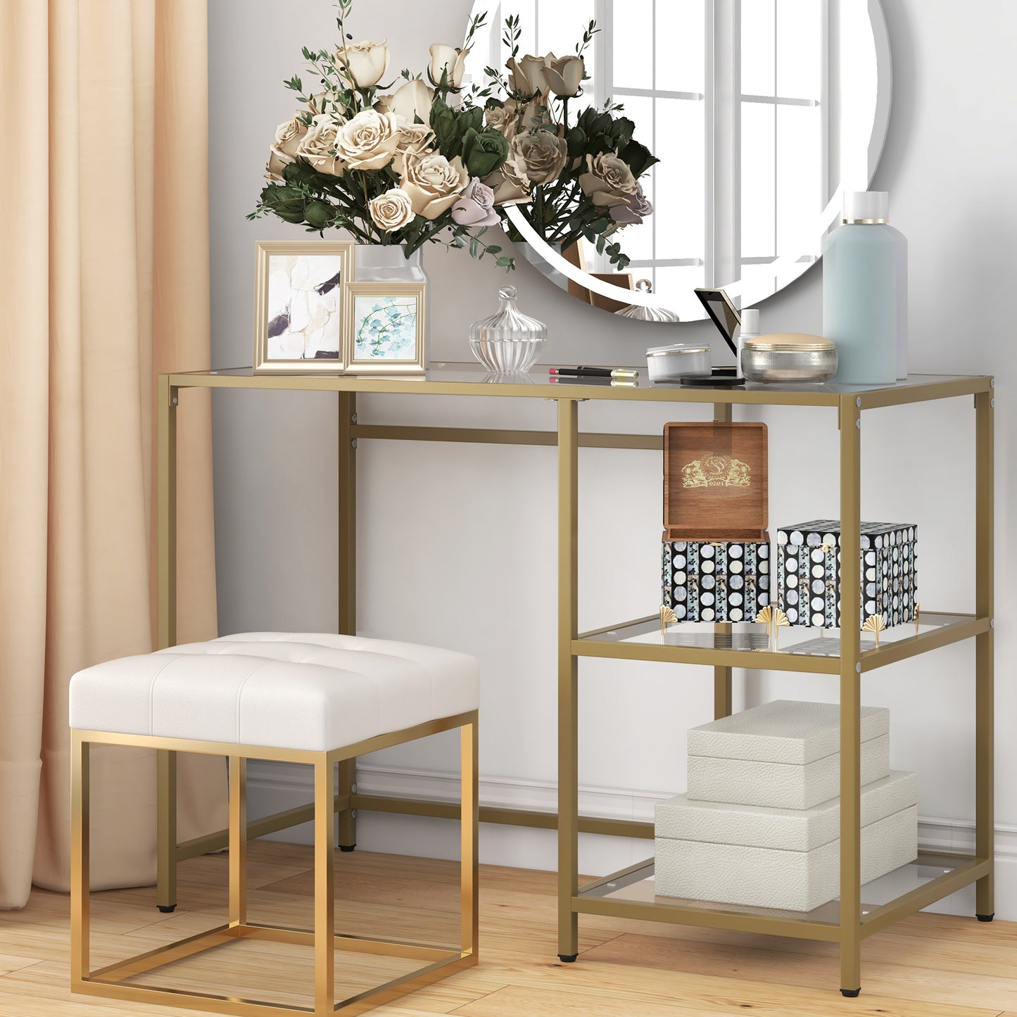 Topbuy 42''  Modern Console Table Tempered Glass Entryway Table with 2 Open Shelves & Metal Frame