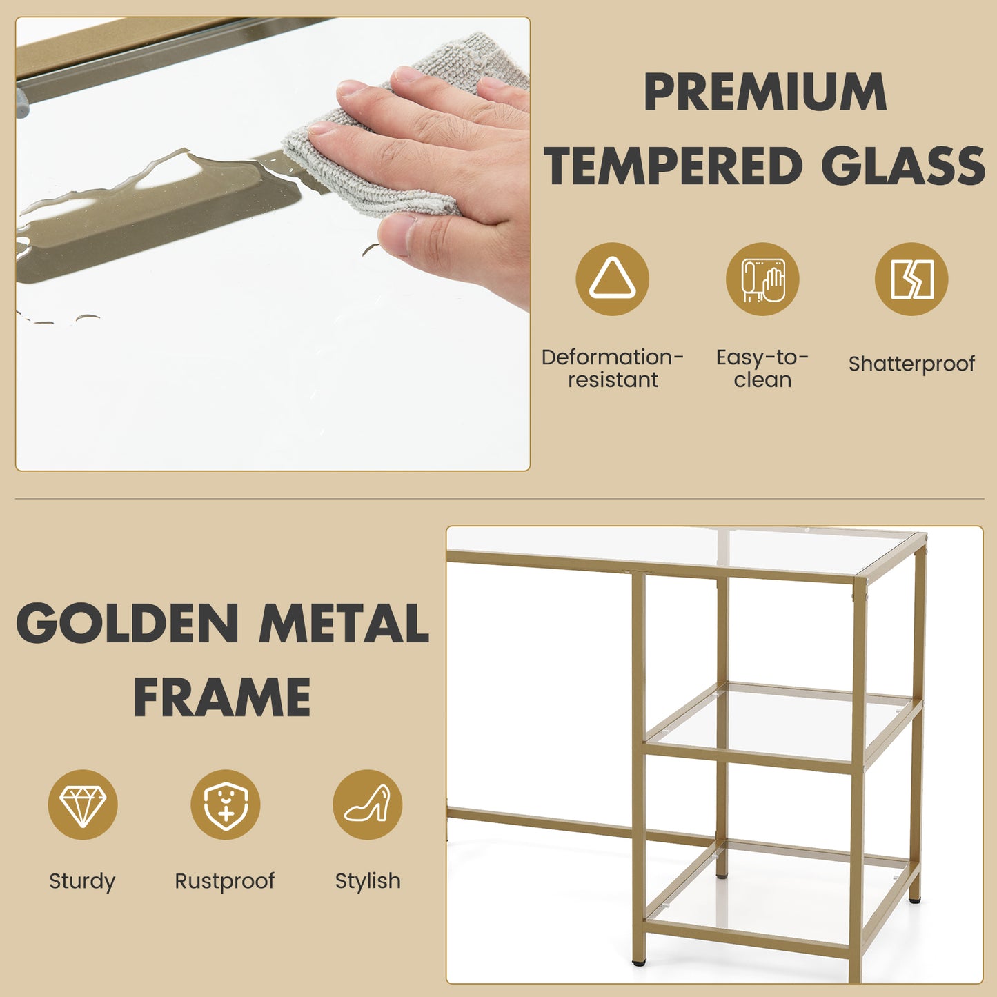 Topbuy 42''  Modern Console Table Tempered Glass Entryway Table with 2 Open Shelves & Metal Frame