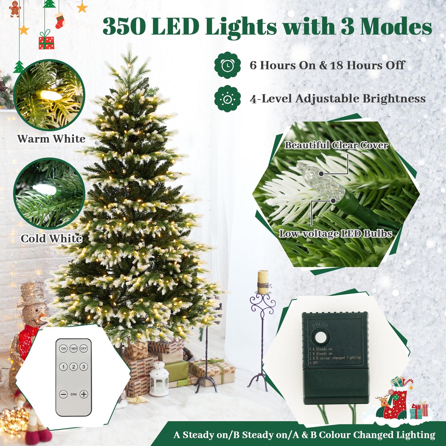 Topbuy 6/7FT Pre-lit Artificial Xmas Tree Hinged Xmas Tree with 350/500 LED Lights